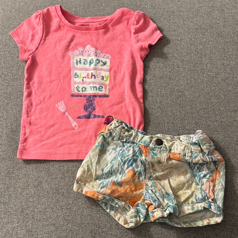 5/$15- Girls Pink Birthday Cake Tee with Floral Print Shorts
